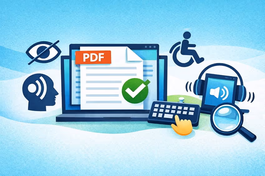 Illustration of a PDF document on a computer screen surrounded by accessibility icons, including a w
