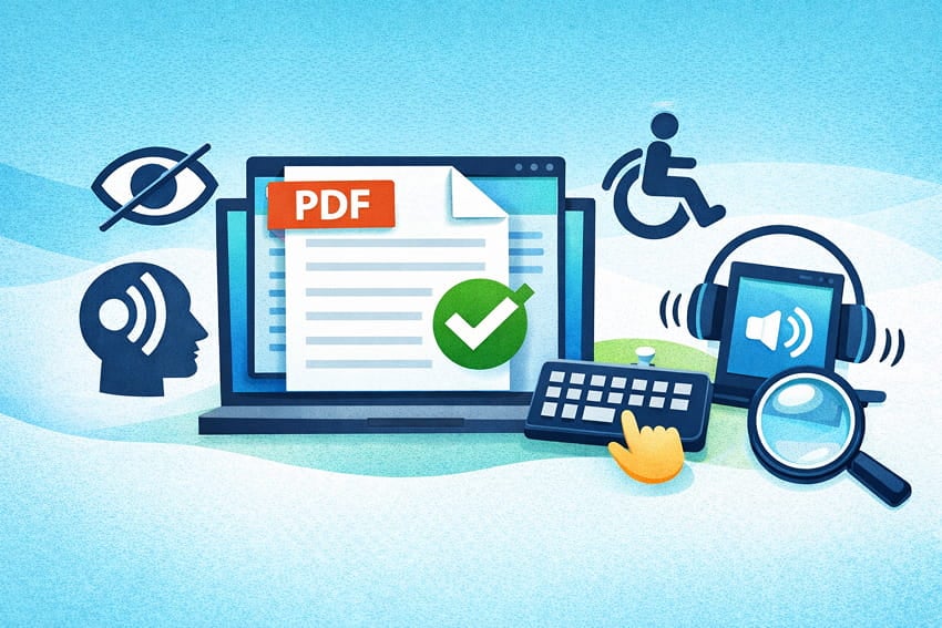 Illustration of a PDF document on a computer screen surrounded by accessibility icons, including a w Illustration of a PDF document on a computer screen surrounded by accessibility icons, including a w