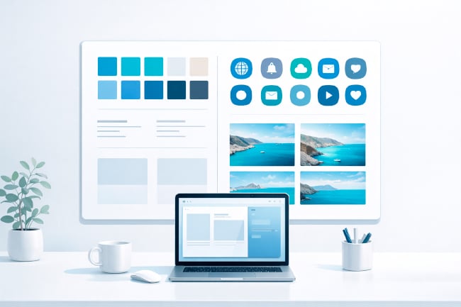 Minimal desk setup with a laptop and large monitor displaying web design mockups, color swatches, icons, and photo tiles.