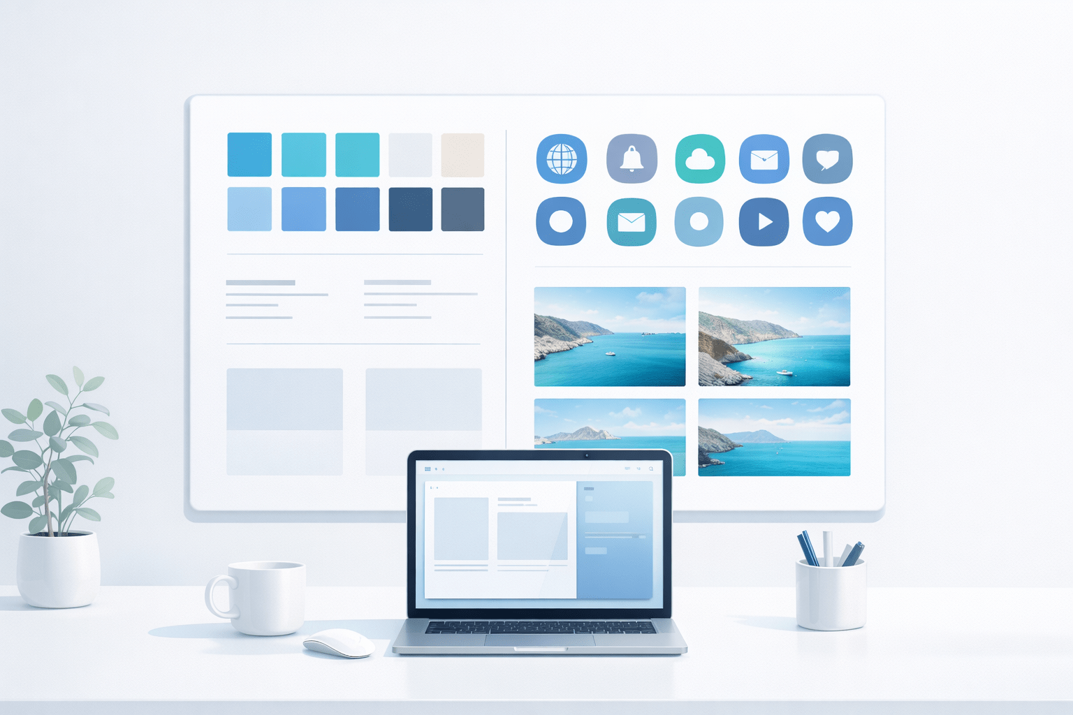 Minimal desk setup with a laptop and large monitor displaying web design mockups, color swatches, icons, and photo tiles.
