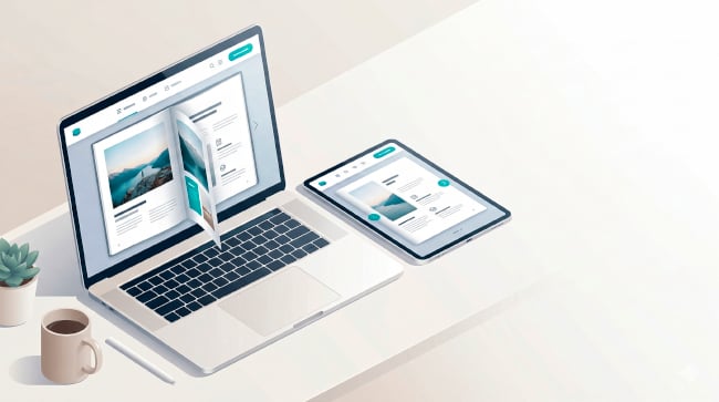 A digital illustration of a sleek laptop and tablet on a minimal white desk, showcasing a modern flipbook interface with a visible page-turn effect. 