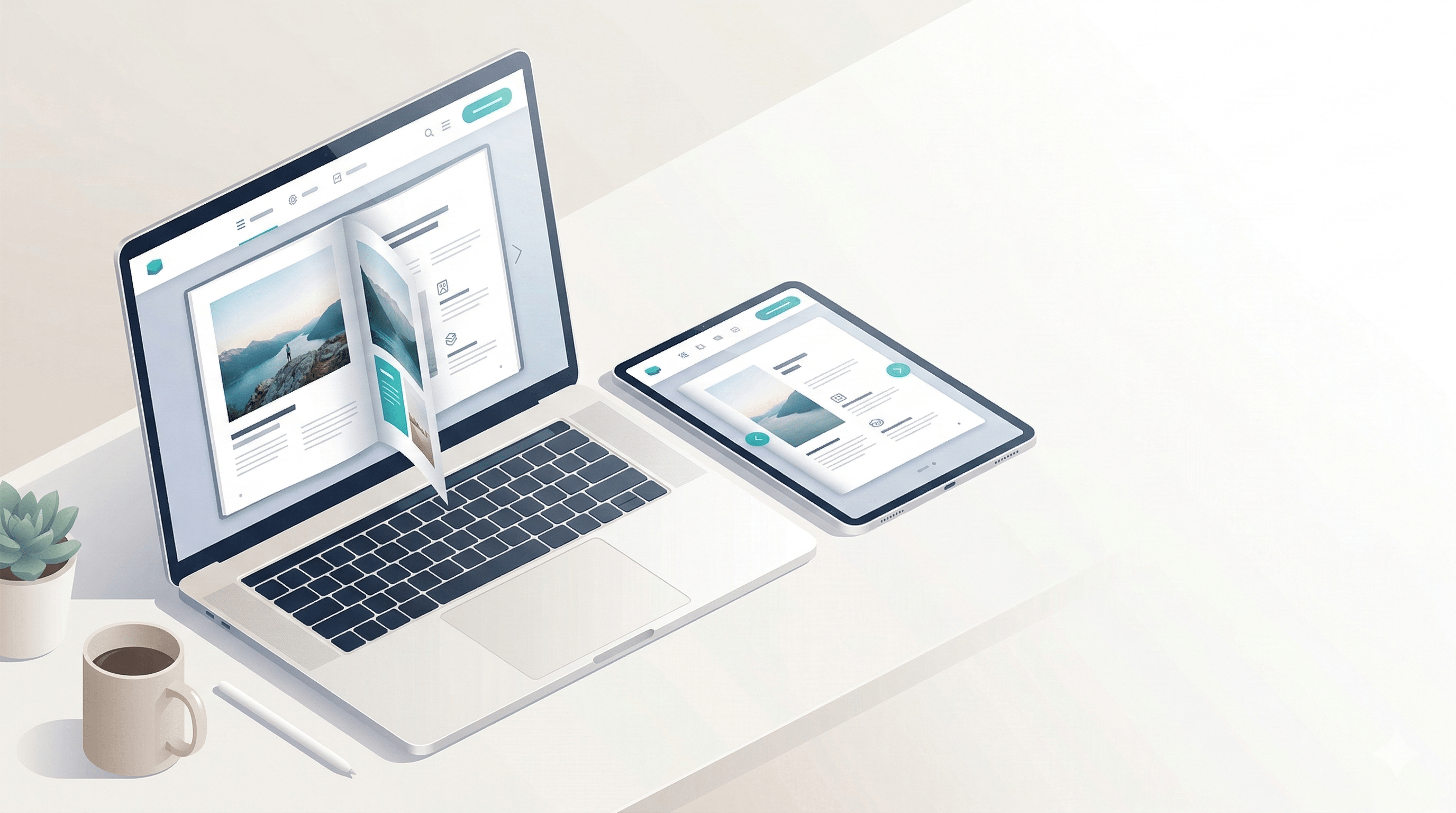 A digital illustration of a sleek laptop and tablet on a minimal white desk, showcasing a modern flipbook interface with a visible page-turn effect. 