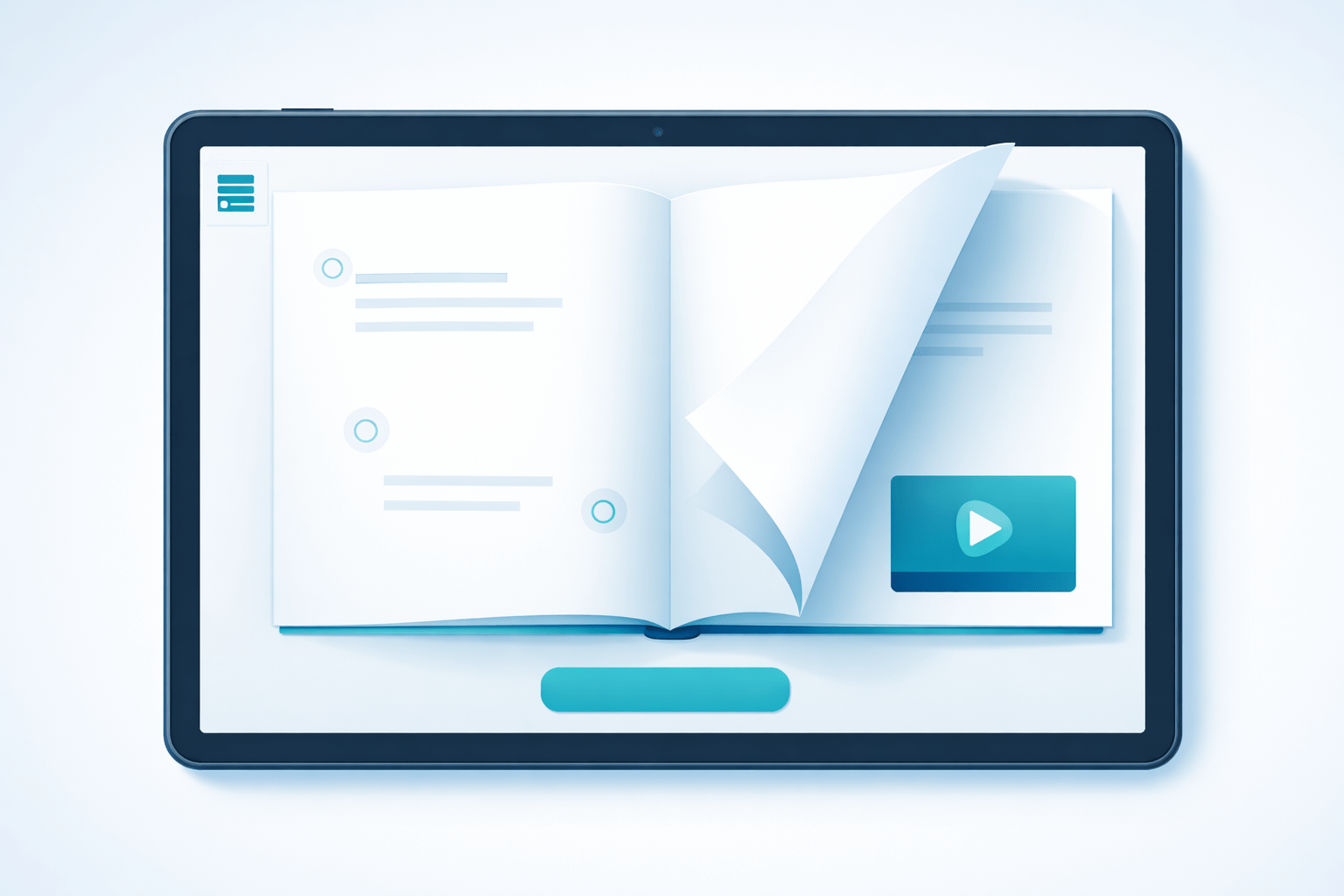 Tablet screen showing a digital flipbook with a page turning animation and a video play button, suggesting interactive content.