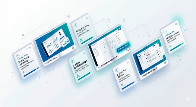 illustration of a sequence of floating flipbook pages alternating between text steps and software dashboards in teal and blue, with a cursor hovering over a 'Publish Now' button