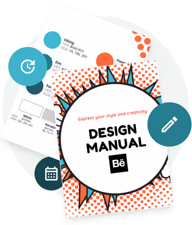 Illustration d’un manuel de design numérique et de supports de marque avec des icônes créatives — montrant comment les agenci