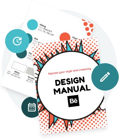 Illustration of a digital design manual and brand materials with creative icons — showing how agenci