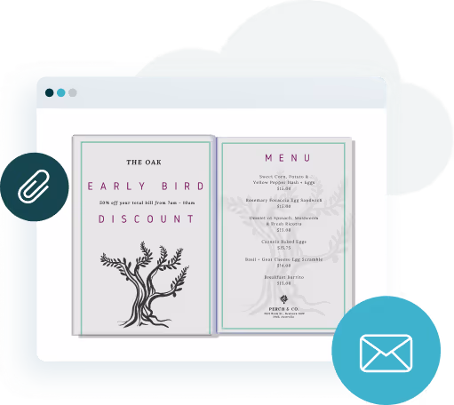 Illustration d’un menu numérique partagé en ligne avec des icônes d’e-mail et de pièce jointe — montrant comment les créatifs