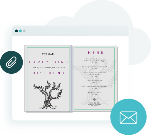 Illustration of a digital menu shared online with email and attachment icons — showing how creative 