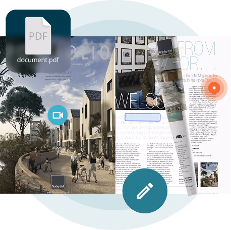 Magazine numérique avec des icônes multimédia et d’édition — montrant comment Paperturn aide les médias et le divertissement