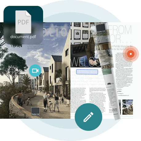 Digital magazine with multimedia and edit icons — showing how Paperturn helps media and entertainmen