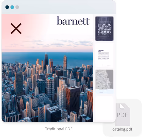 PDF de magazine statique marqué d’un X rouge — illustrant comment les PDF traditionnels limitent l’engagement, cassent