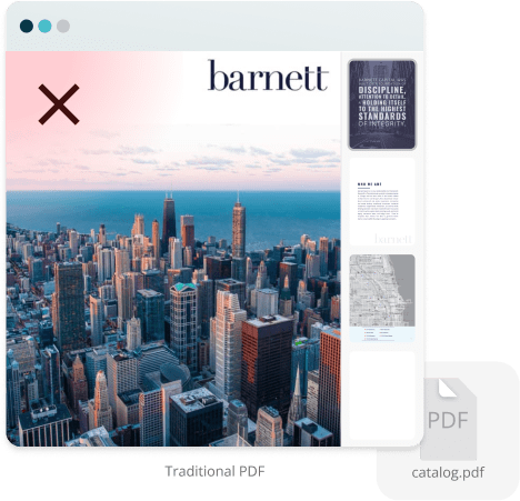 Static magazine PDF marked with a red X — illustrating how traditional PDFs limit engagement, break 