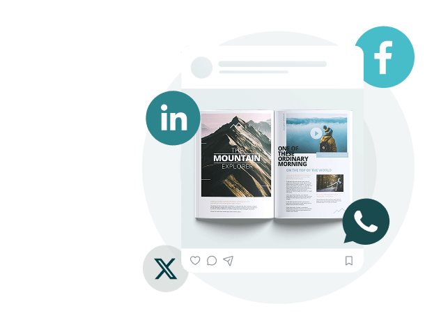 Digital magazine shared on social media with brand icons — showing how Paperturn lets media and cultural brands publish under their own domain, apply custom branding, and maintain design consistency.