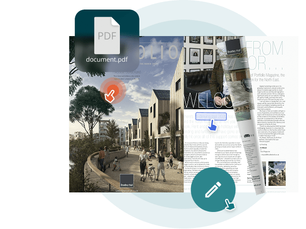 Digital magazine with multimedia and edit icons — showing how Paperturn helps media and entertainment brands embed video and audio, update content instantly, and track engagement without breaking links.