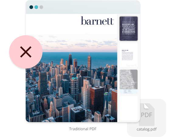 Static magazine PDF marked with a red X — illustrating how traditional PDFs limit engagement, break links during updates, and risk content leaks compared to Paperturn’s secure, interactive digital publications.