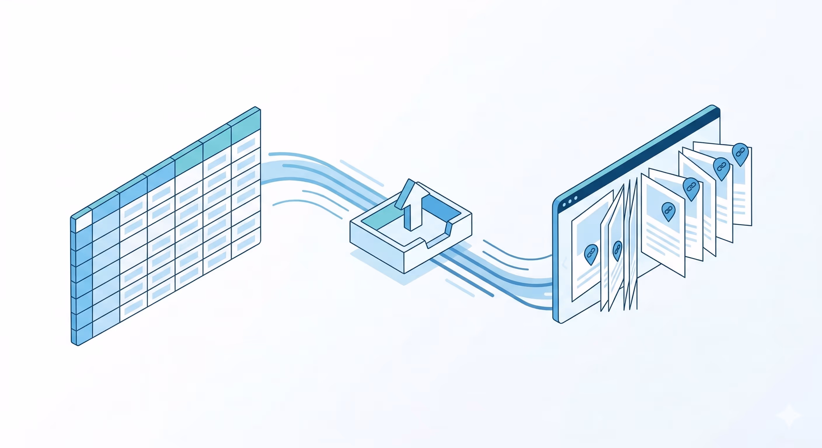 An illustration showing data flowing from a spreadsheet grid, through an upload tray, to automatically populate link pins across pages in a digital flipbook.