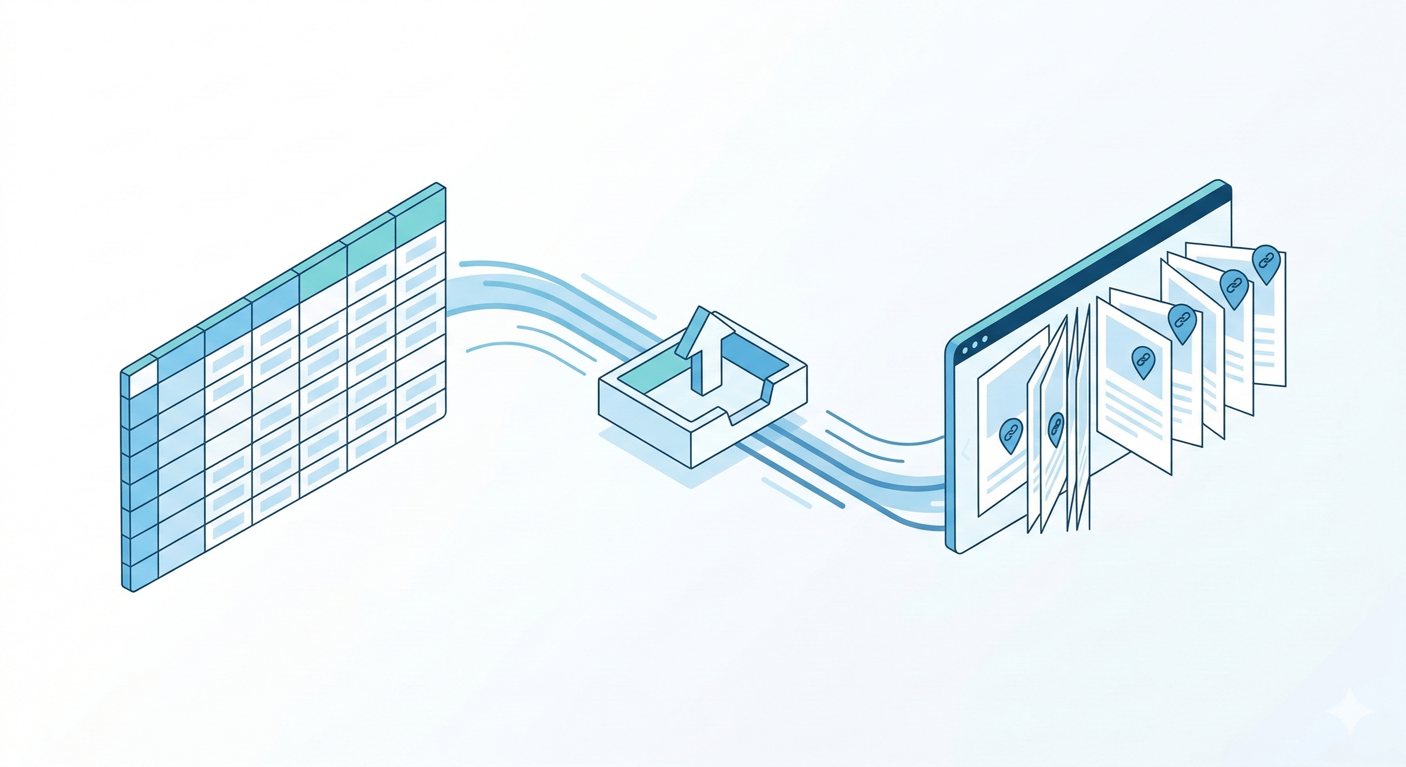 An illustration showing data flowing from a spreadsheet grid, through an upload tray, to automatically populate link pins across pages in a digital flipbook.