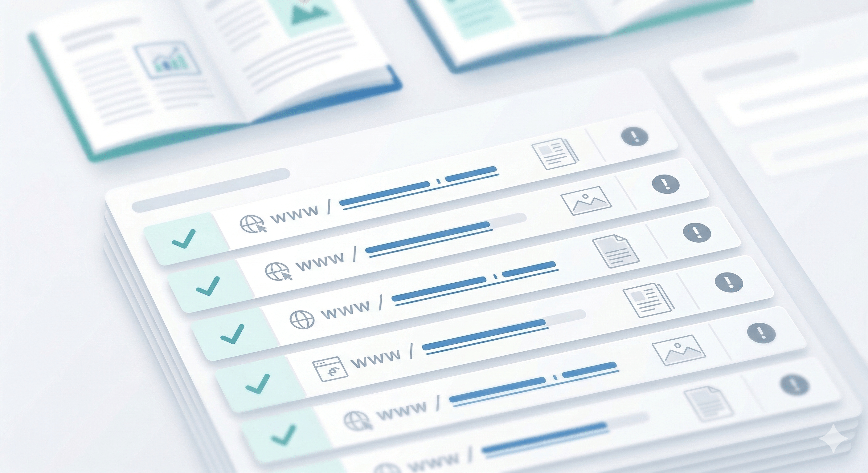 A clean, minimal illustration of a link-review dashboard with structured rows, teal checkmarks, and gray warning icons. In the blurred background, open flipbook pages represent a publication undergoing quality 