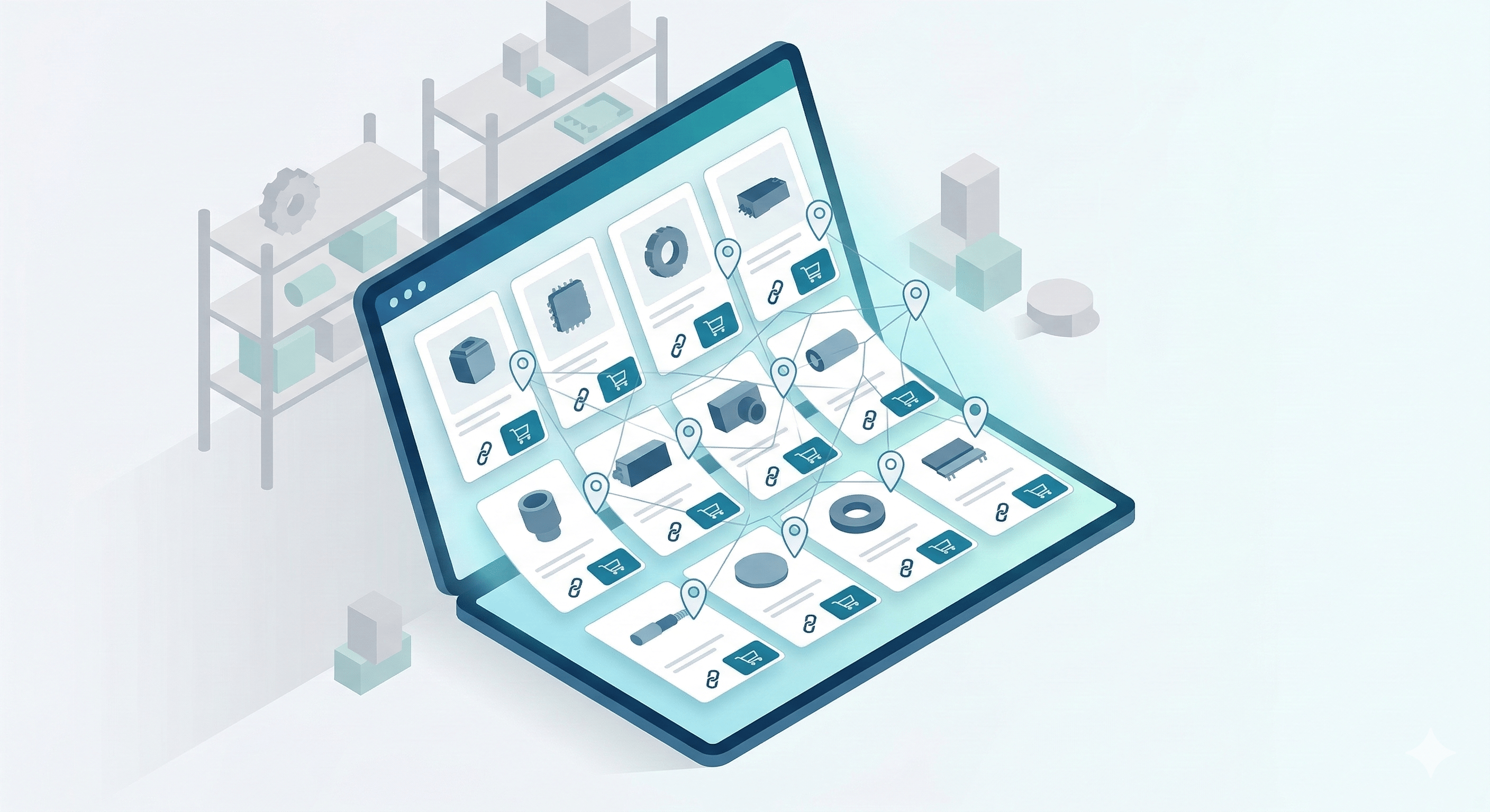 Isometric illustration of an open digital tablet showing a grid of generic product cards with link and shopping cart icons. A glowing blue network of pins connects the items, set against a minimalist warehouse 
