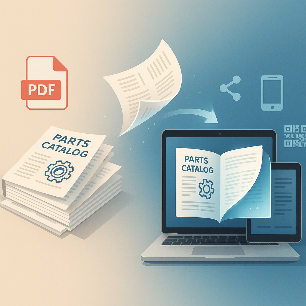 Illustration of printed PDF parts catalogs transforming into an online flipbook on laptop and tablet