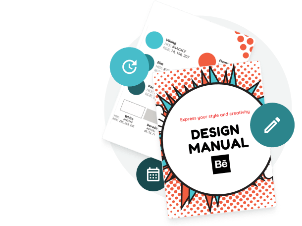 Illustration of a digital design manual and brand materials with creative icons — showing how agenci Illustration of a digital design manual and brand materials with creative icons — showing how agenci