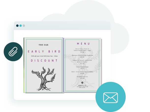 Illustration of a digital menu shared online with email and attachment icons — showing how creative Illustration of a digital menu shared online with email and attachment icons — showing how creative