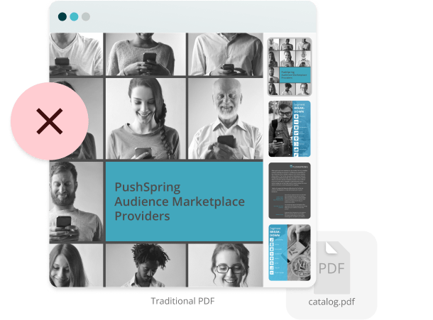 Example of a traditional static PDF shown with a red X — illustrating how old file formats hinder cr Example of a traditional static PDF shown with a red X — illustrating how old file formats hinder cr