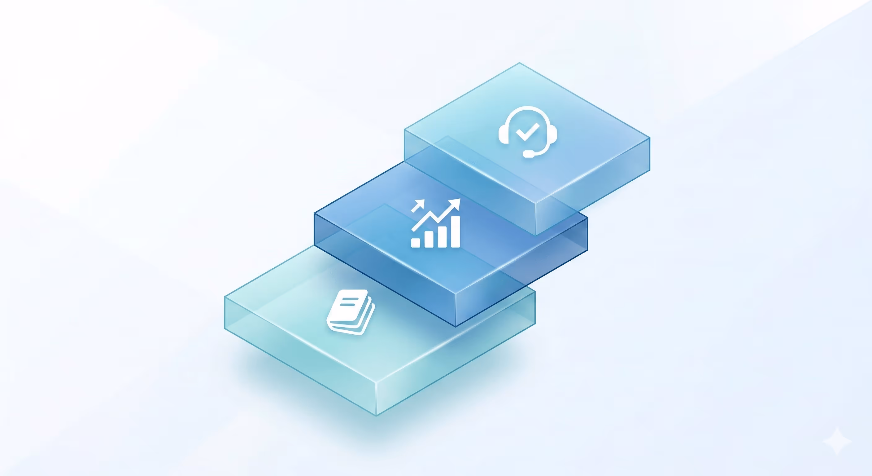 Stacked translucent blocks with icons for documents, analytics, and a checkmark.