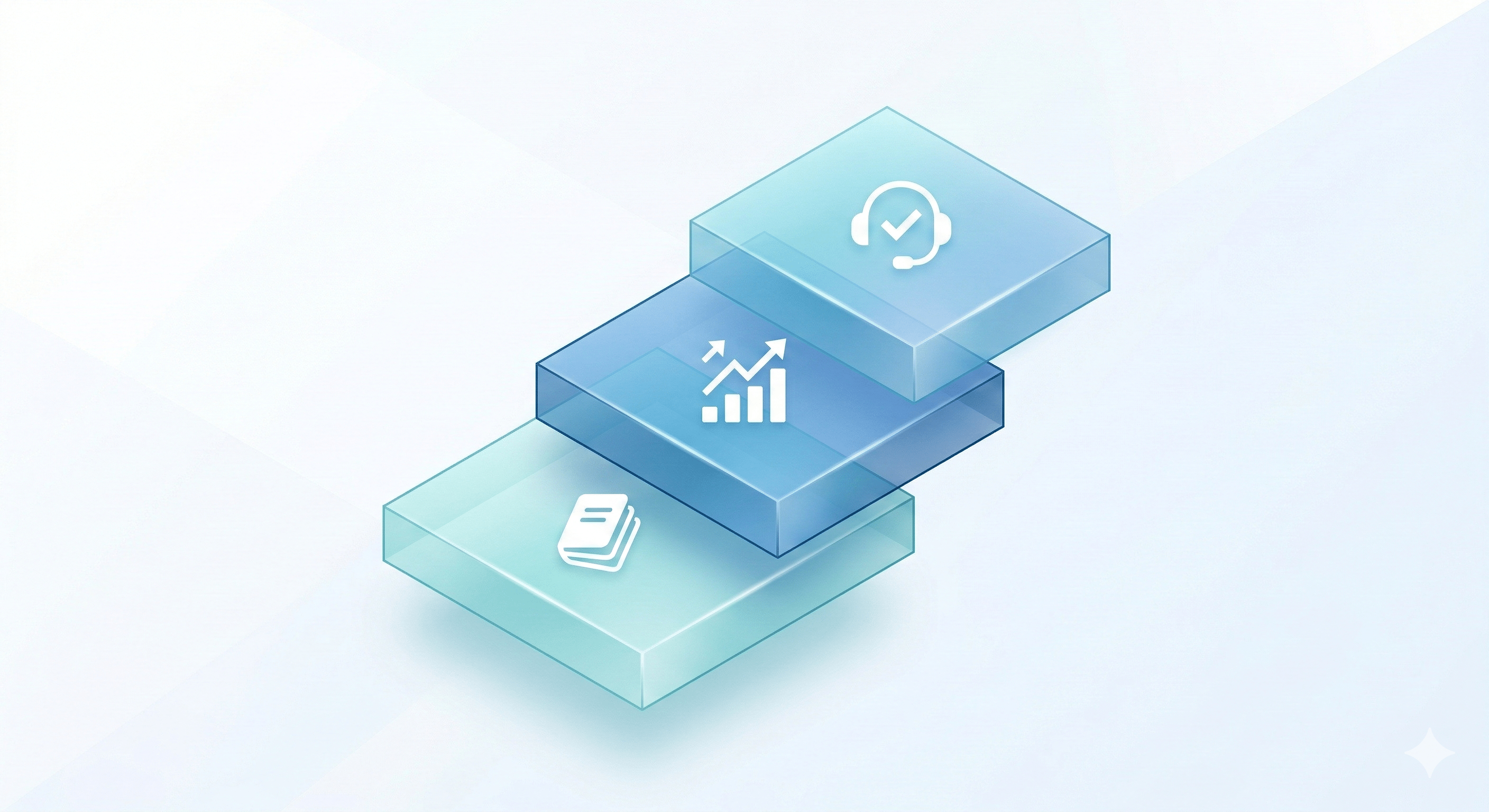 Three stacked, translucent blue glass-like layers floating against a light gradient background, each