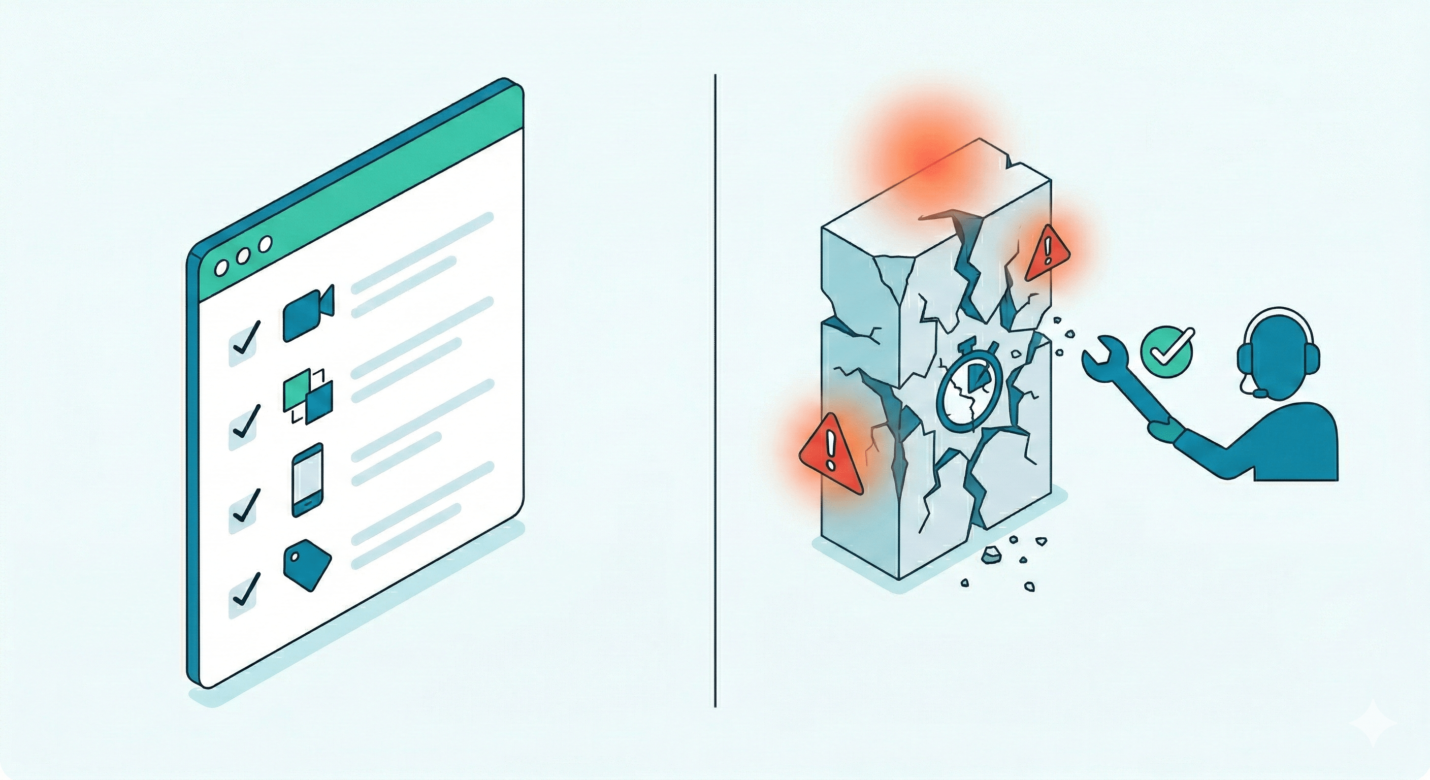 An isometric split-screen diagram. The left side shows a clean digital checklist in a browser window