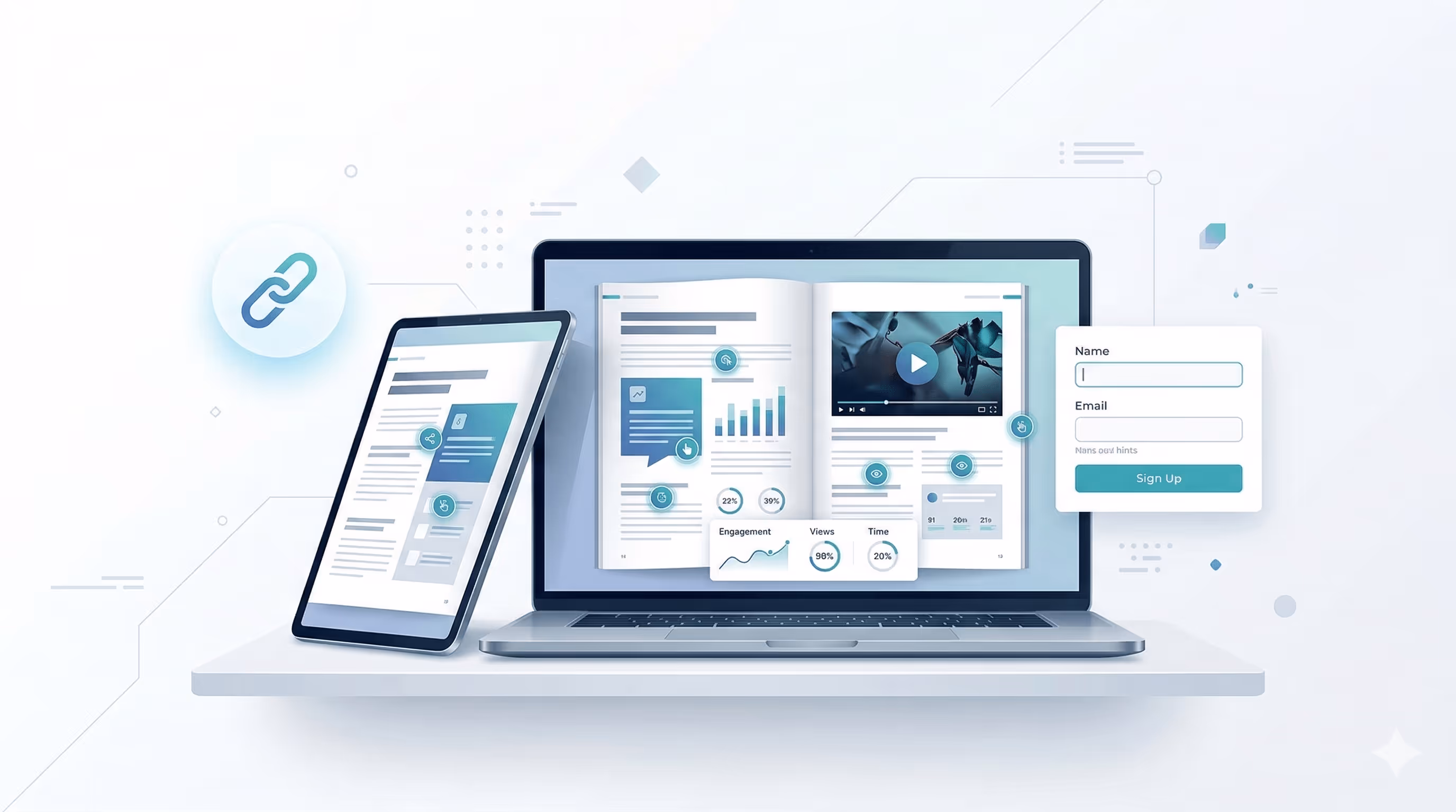 Modern illustration of a laptop and tablet on a shelf, displaying data-rich reports with floating share link and signup form. Modern illustration of a laptop and tablet on a shelf, displaying data-rich reports with floating share link and signup form.