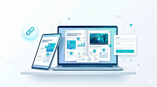 Modern illustration of a laptop and tablet on a shelf, displaying data-rich reports with floating share link and signup form.