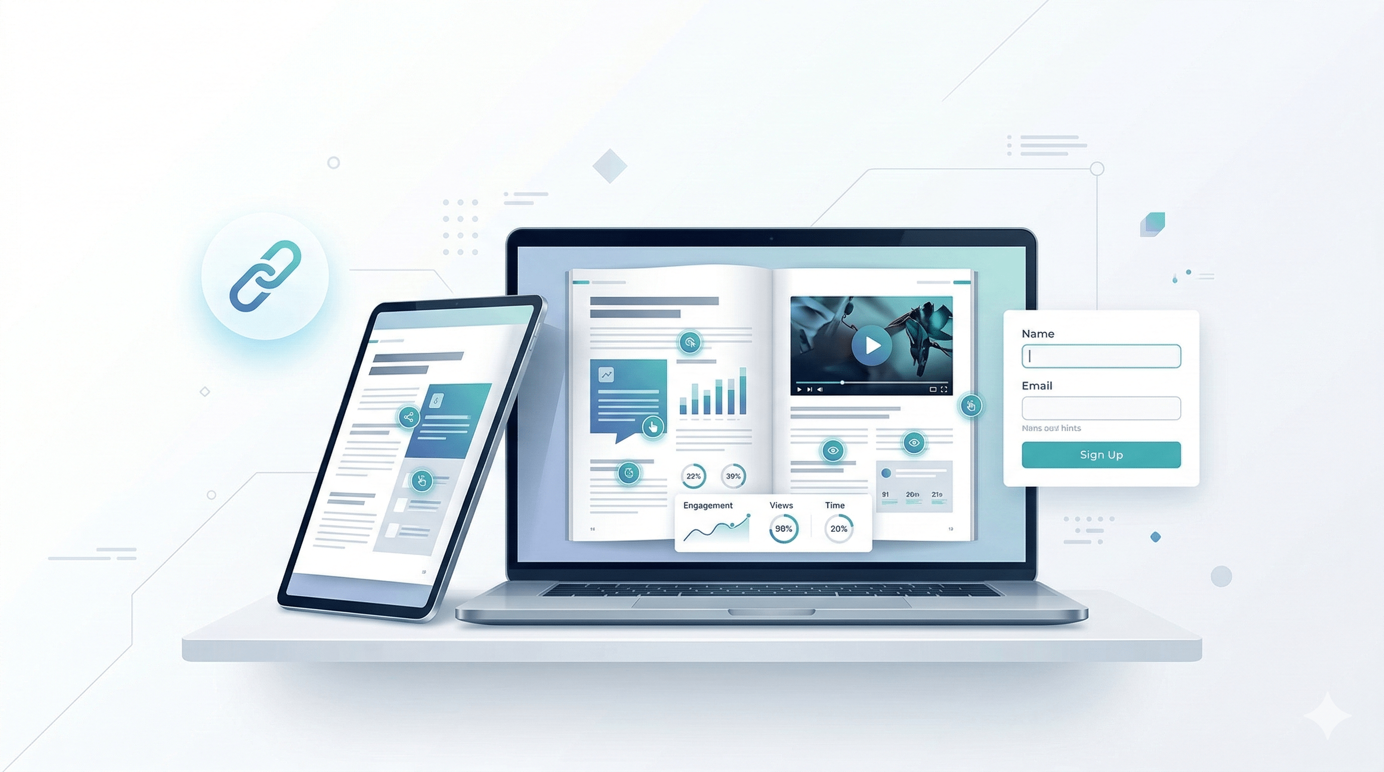 Modern illustration of a laptop and tablet on a shelf, displaying data-rich reports with floating share link and signup form. Modern illustration of a laptop and tablet on a shelf, displaying data-rich reports with floating share link and signup form.