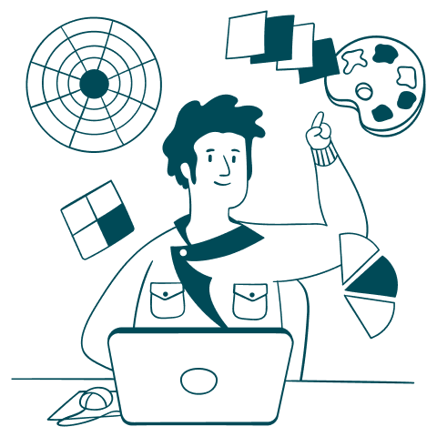 Illustration of a graphic designer working on a laptop surrounded by color palettes and design eleme Illustration of a graphic designer working on a laptop surrounded by color palettes and design eleme