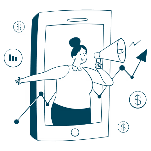Illustration d’un professionnel du marketing utilisant des outils numériques et des analyses pour promouvoir une entreprise en lign