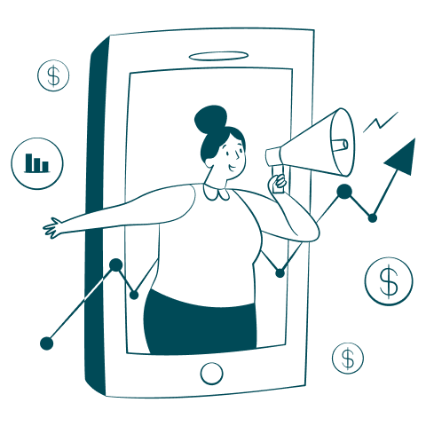Illustration of a marketing professional using digital tools and analytics to promote a business onl Illustration of a marketing professional using digital tools and analytics to promote a business onl