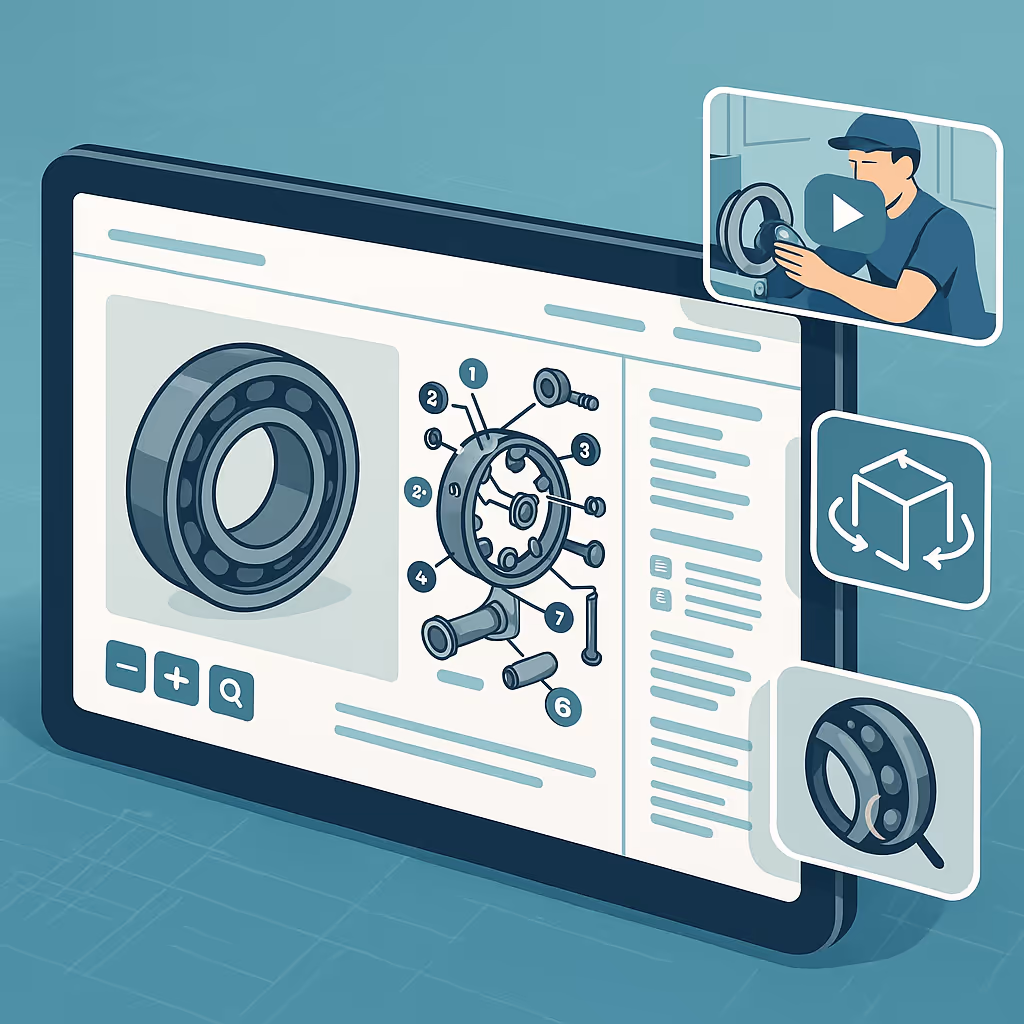 Responsive digital parts catalog displayed on desktop, tablet, and smartphone with searchable explod