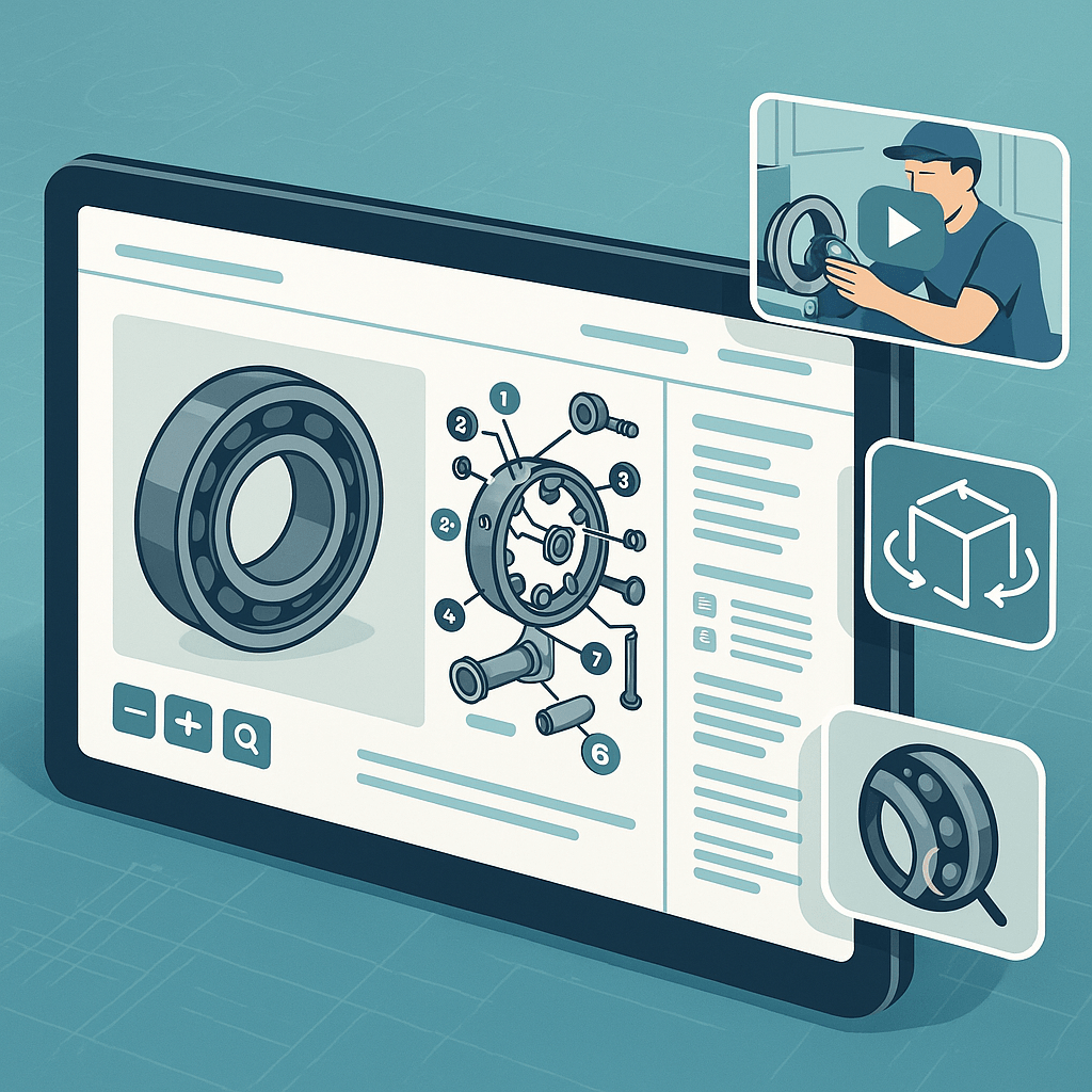 Responsive digital parts catalog displayed on desktop, tablet, and smartphone with searchable explod