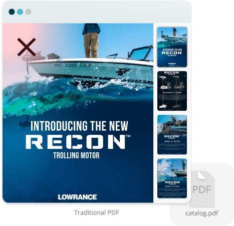 Example of a traditional static PDF product catalog marked with a red X — representing outdated e-co