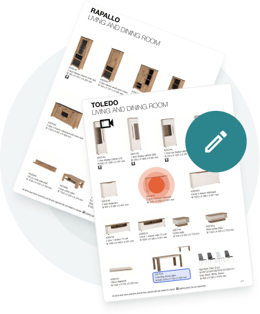 Illustration of interactive digital product catalog pages with clickable and editable icons — showin