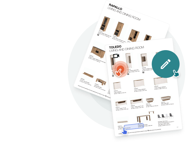 Illustration of interactive digital product catalog pages with clickable and editable icons — showin Illustration of interactive digital product catalog pages with clickable and editable icons — showin