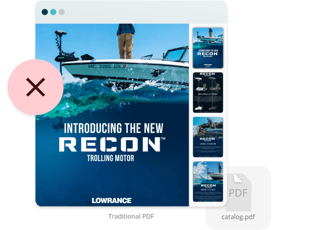 Example of a traditional static PDF product catalog marked with a red X — representing outdated e-co Example of a traditional static PDF product catalog marked with a red X — representing outdated e-co