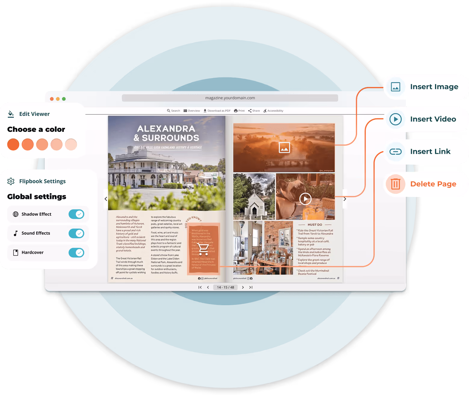 Browser window showing a Paperturn flipbook editor with color themes, global flipbook settings, and 