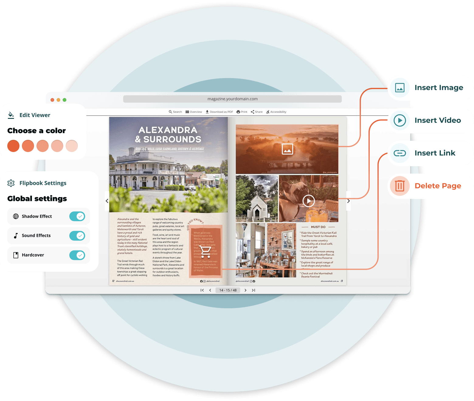 Browser window showing a Paperturn flipbook editor with color themes, global flipbook settings, and 