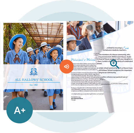 Brochure scolaire numérique avec des icônes audio et d’accessibilité — montrant comment Paperturn aide les écoles et Brochure scolaire numérique avec des icônes audio et d’accessibilité — montrant comment Paperturn aide les écoles et