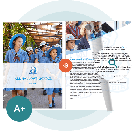 Digital school brochure with audio and accessibility icons — showing how Paperturn helps schools and