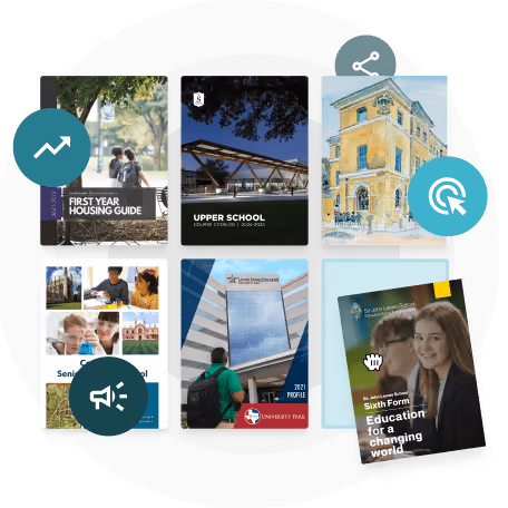 Grille de brochures d’écoles et d’organisations à but non lucratif avec des icônes de mise à jour et de partage — montrant comment les PDF statiques créent Grille de brochures d’écoles et d’organisations à but non lucratif avec des icônes de mise à jour et de partage — montrant comment les PDF statiques créent