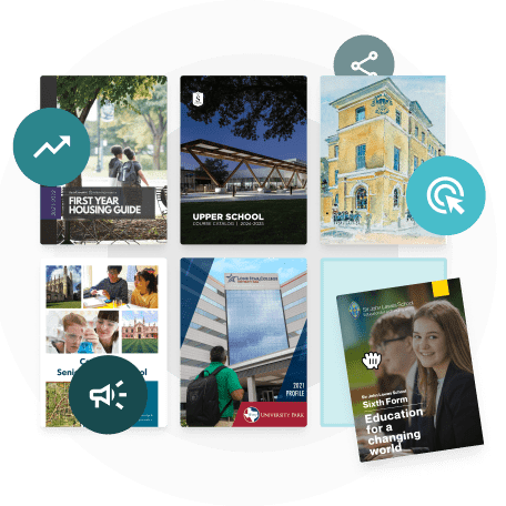Grid of school and nonprofit brochures with update and share icons — showing how static PDFs create 