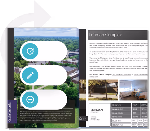Brochure numérique de campus avec des icônes de modification et de synchronisation — montrant comment Paperturn permet aux écoles de mettre à jour des pages instantanément Brochure numérique de campus avec des icônes de modification et de synchronisation — montrant comment Paperturn permet aux écoles de mettre à jour des pages instantanément