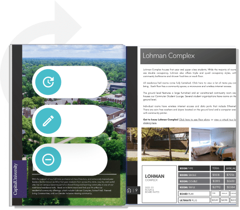 Digital campus brochure with edit and sync icons — showing how Paperturn lets schools update pages i